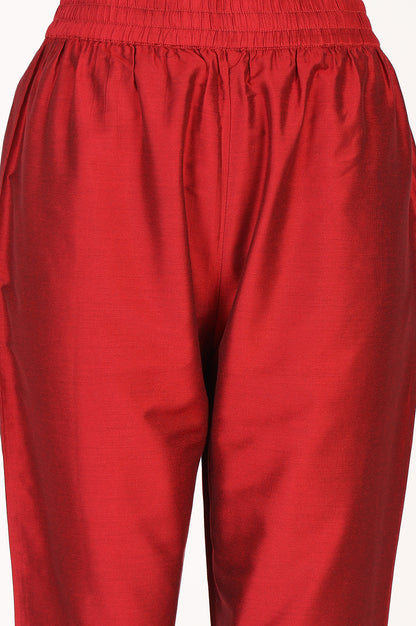 Red Ankle Length Straight Pants With Embroidered Hemline