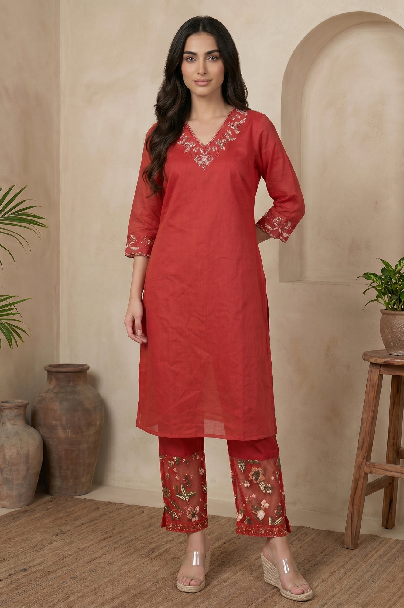 Red Ankle Length Straight Pants With Embroidered Hemline