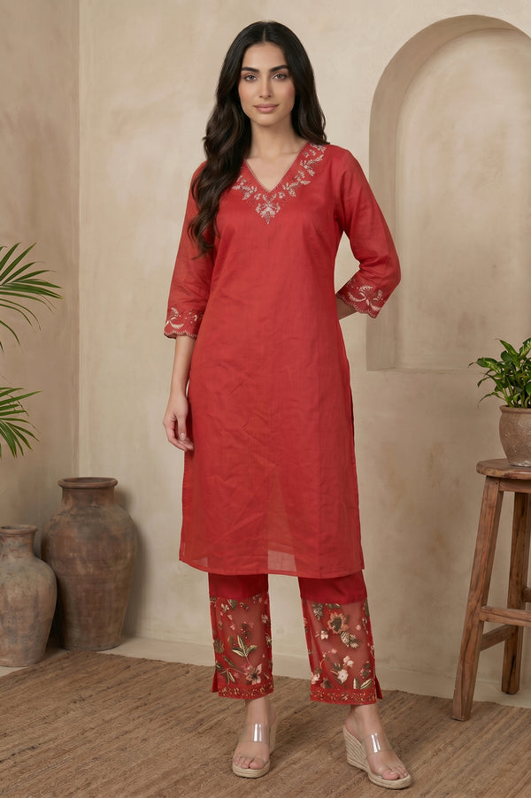 Red Ankle Length Straight Pants With Embroidered Hemline