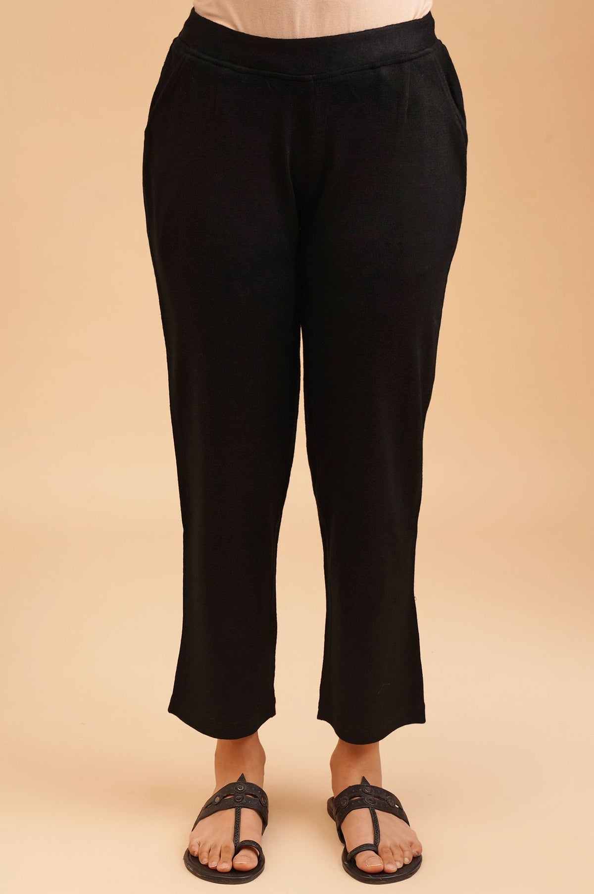 Black Winter Solid Acrylic Ankle Length Mid Rise Straight Pants