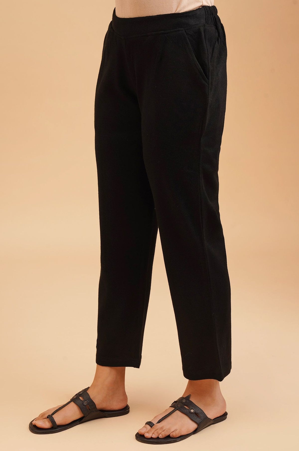 Black Winter Solid Acrylic Ankle Length Mid Rise Straight Pants