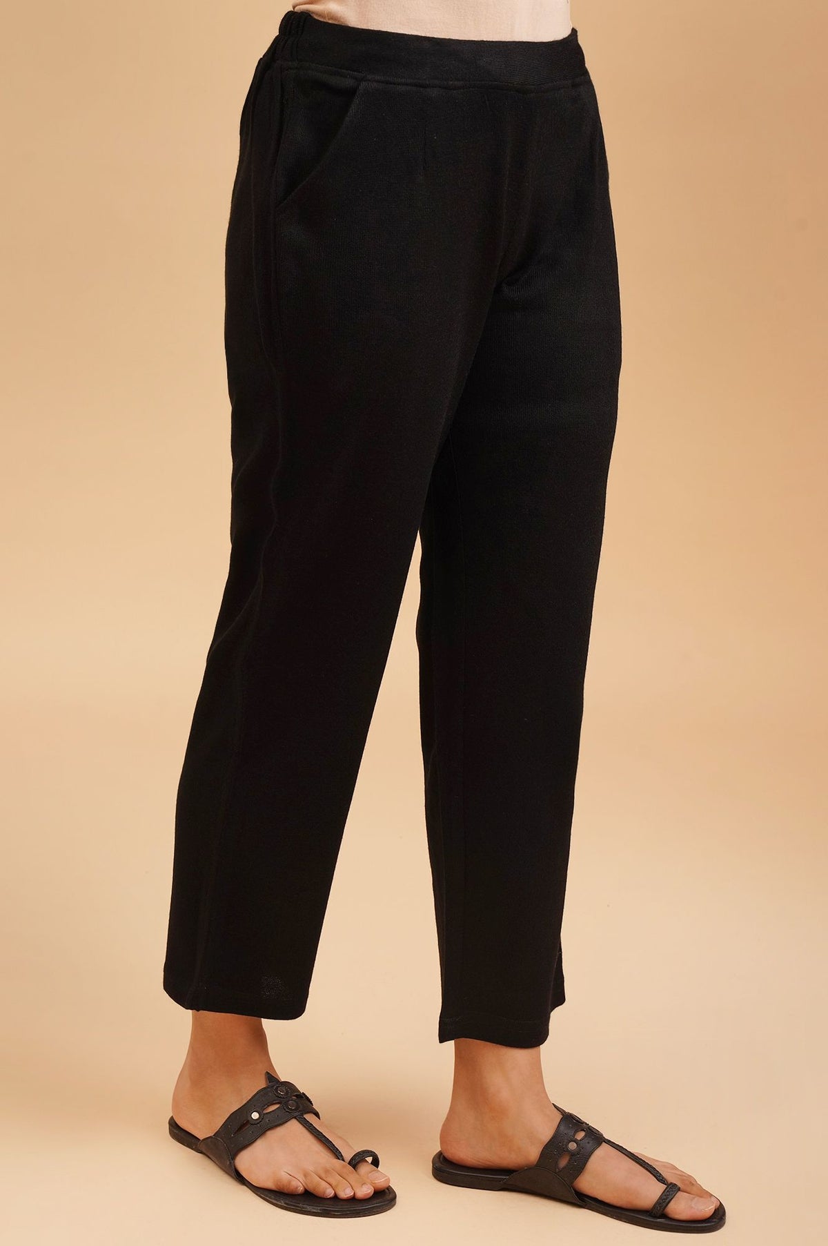 Black Winter Solid Acrylic Ankle Length Mid Rise Straight Pants