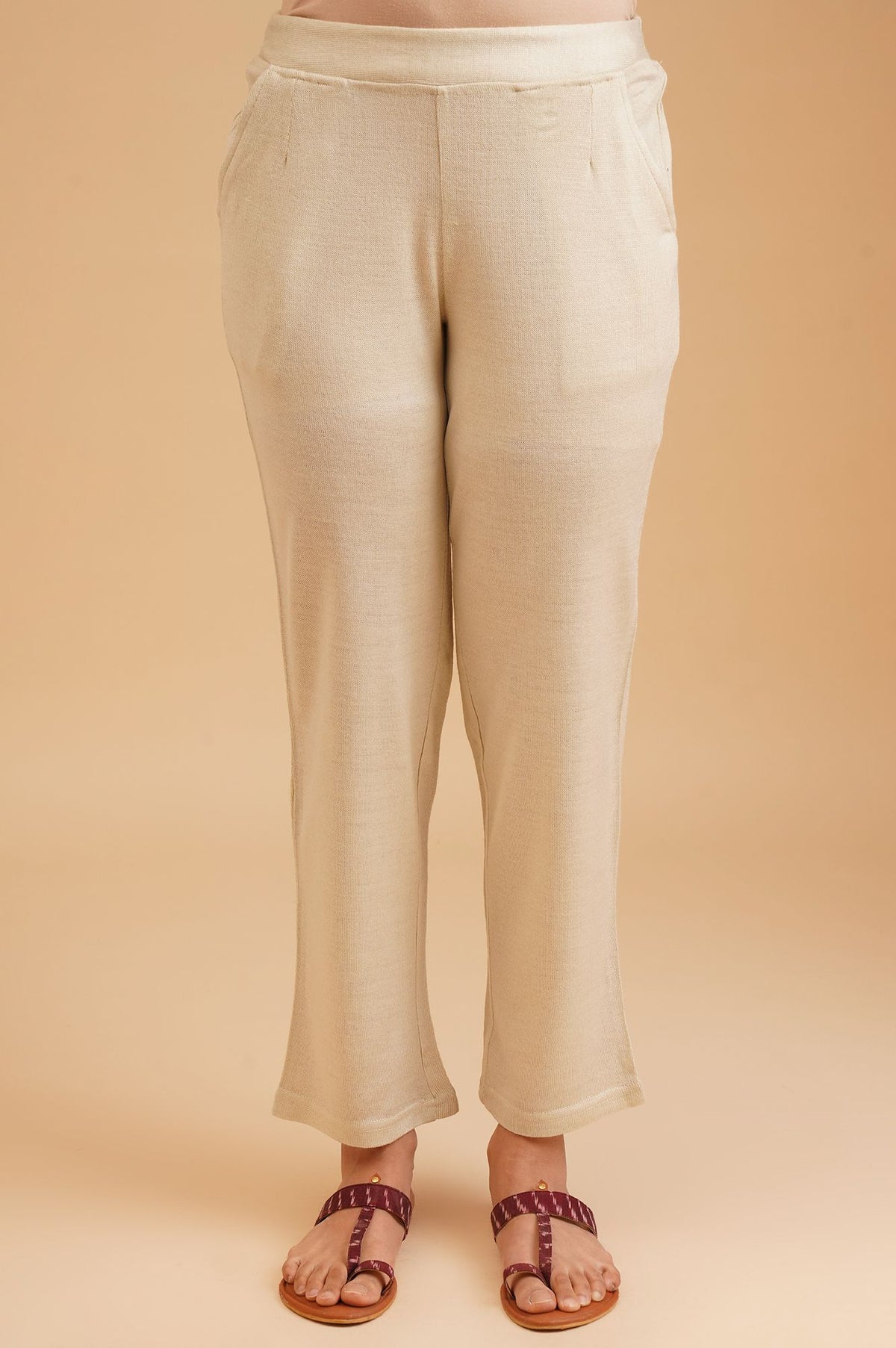 Beige Winter Solid Acrylic Straight Fit Ankle Length Mid Rise Pants