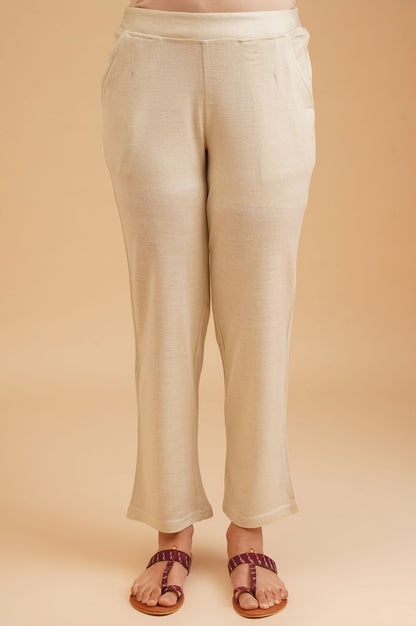 Beige Winter Solid Acrylic Straight Fit Ankle Length Mid Rise Pants