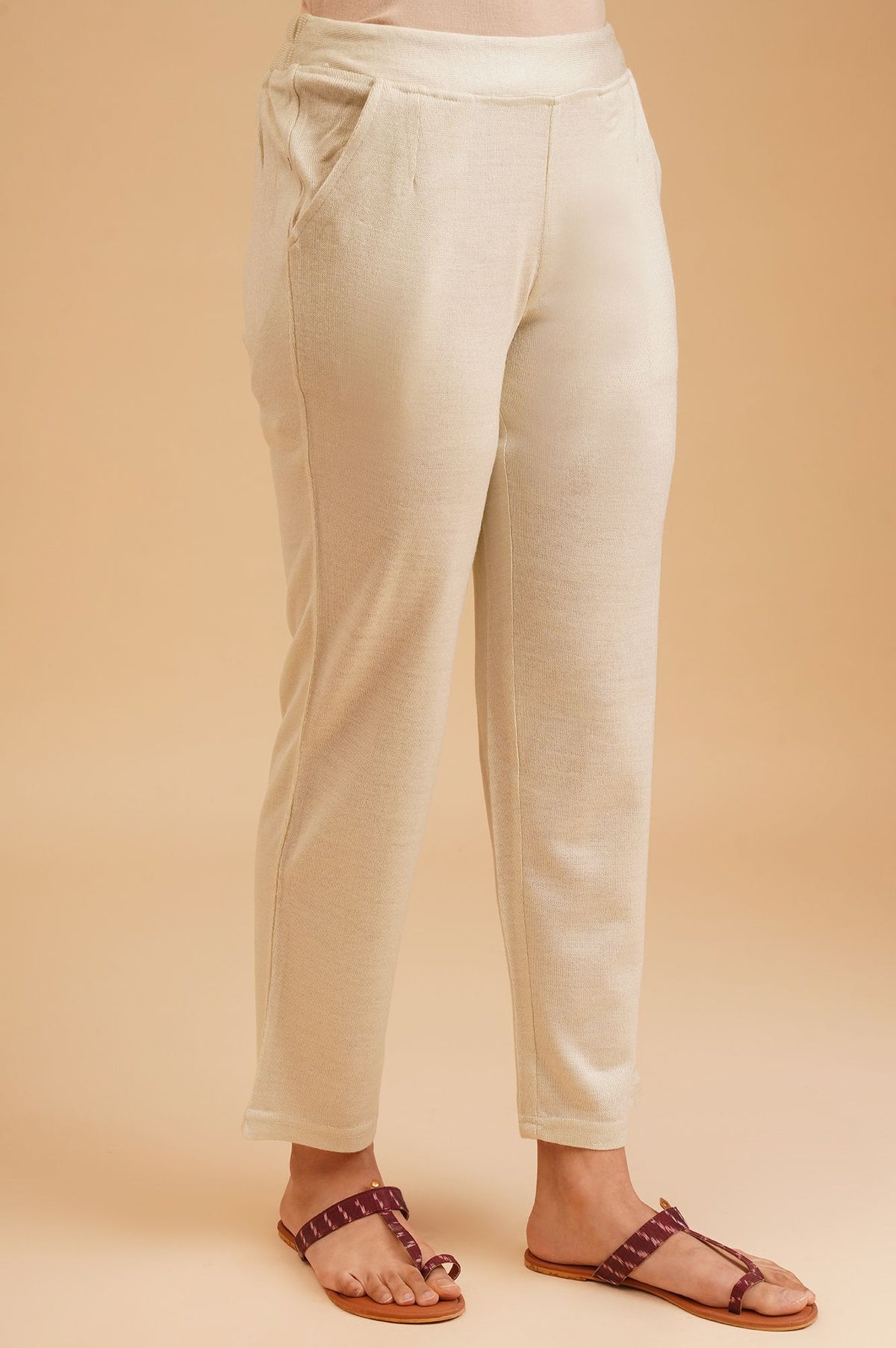 Beige Winter Solid Acrylic Straight Fit Ankle Length Mid Rise Pants