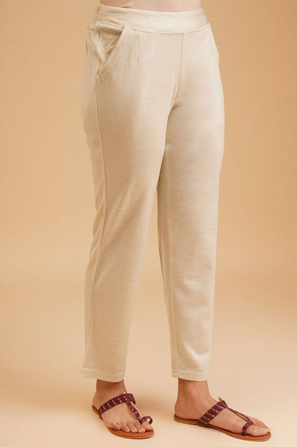 Beige Winter Solid Acrylic Straight Fit Ankle Length Mid Rise Pants