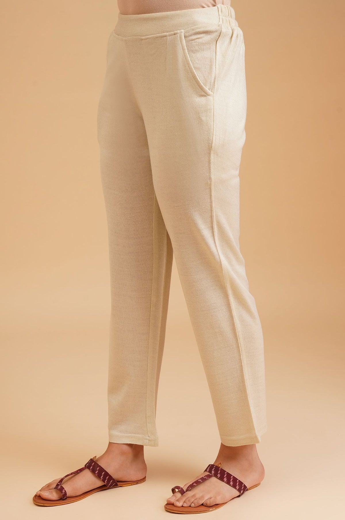 Beige Winter Solid Acrylic Straight Fit Ankle Length Mid Rise Pants