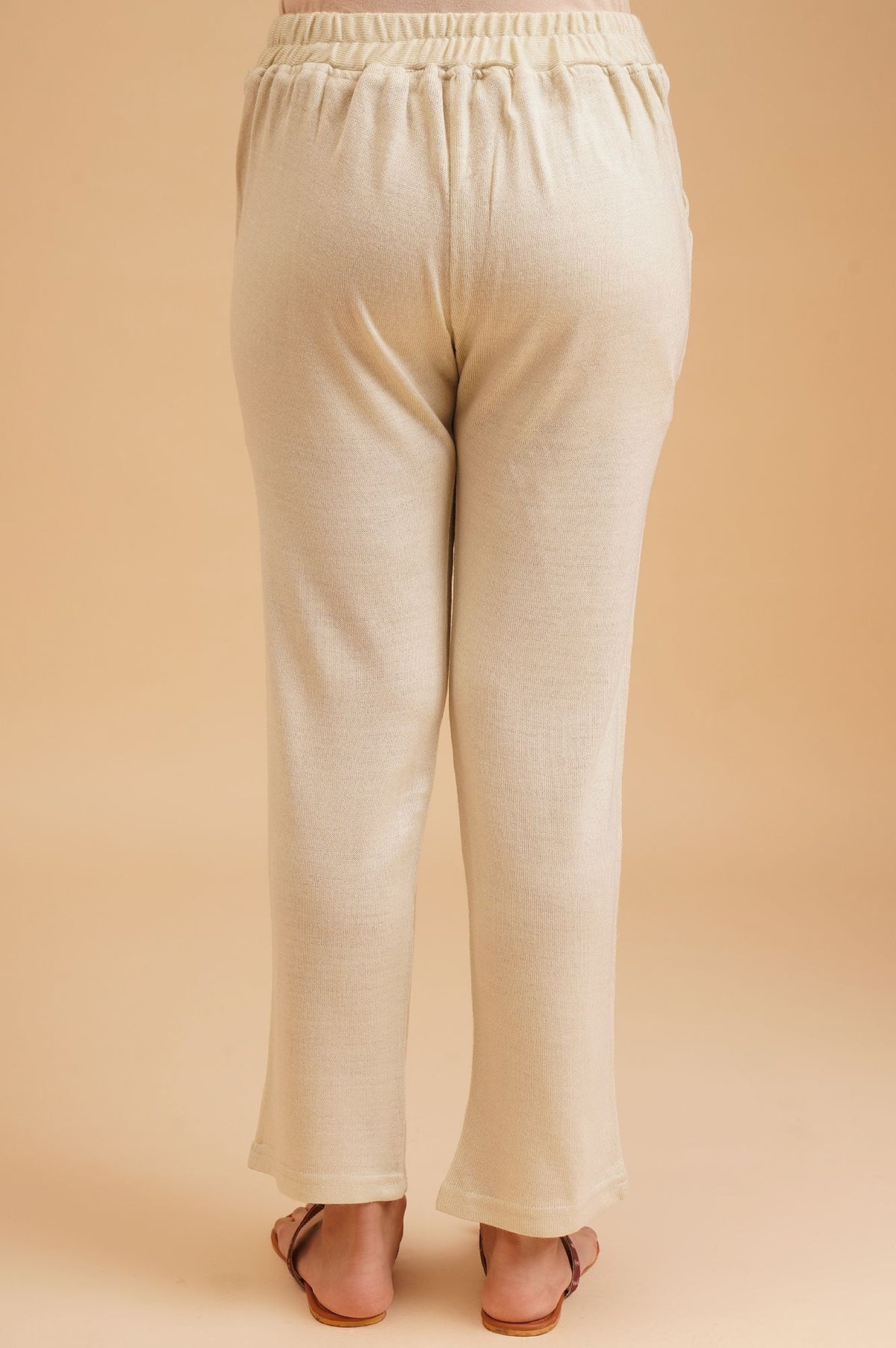Beige Winter Solid Acrylic Straight Fit Ankle Length Mid Rise Pants