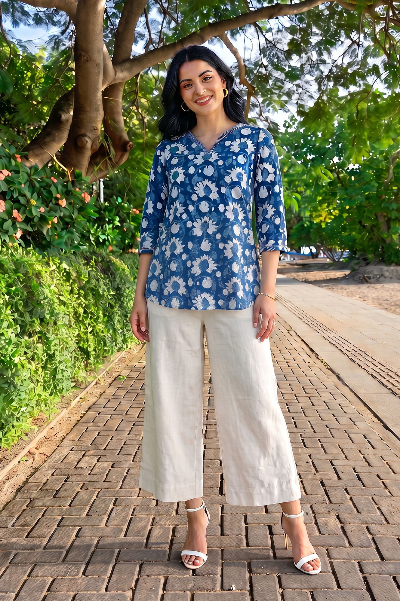 Off-White Solid Wide Leg Cropped Flared Pants
