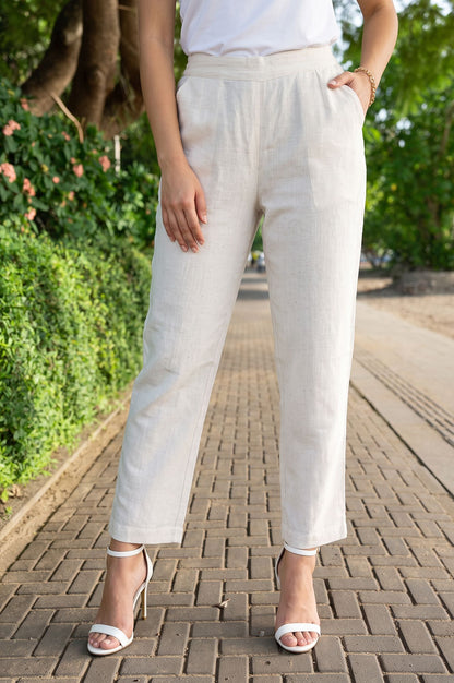 Off White Solid Rayon Cotton Flax Straight Pant