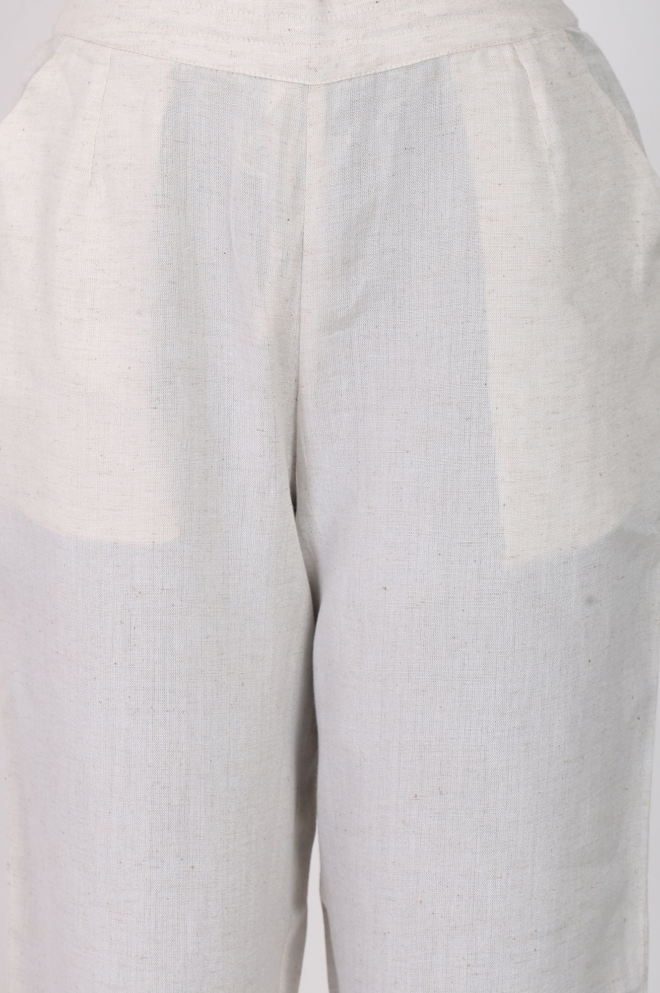 Off White Solid Rayon Cotton Flax Straight Pant