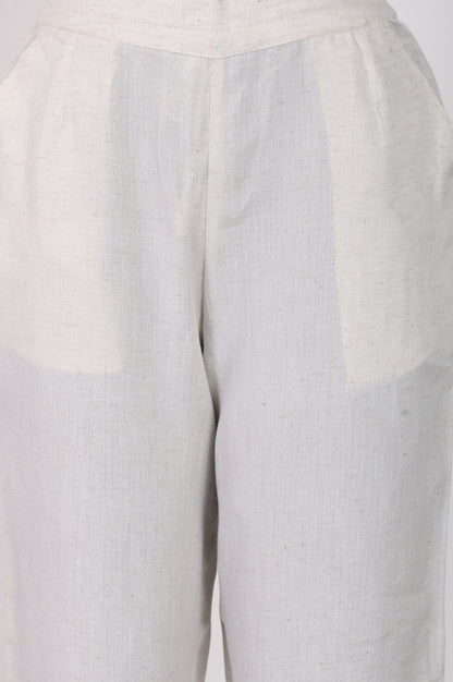Off White Solid Rayon Cotton Flax Straight Pant