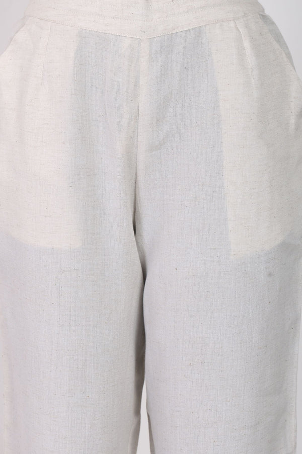 Off White Solid Rayon Cotton Flax Straight Pant