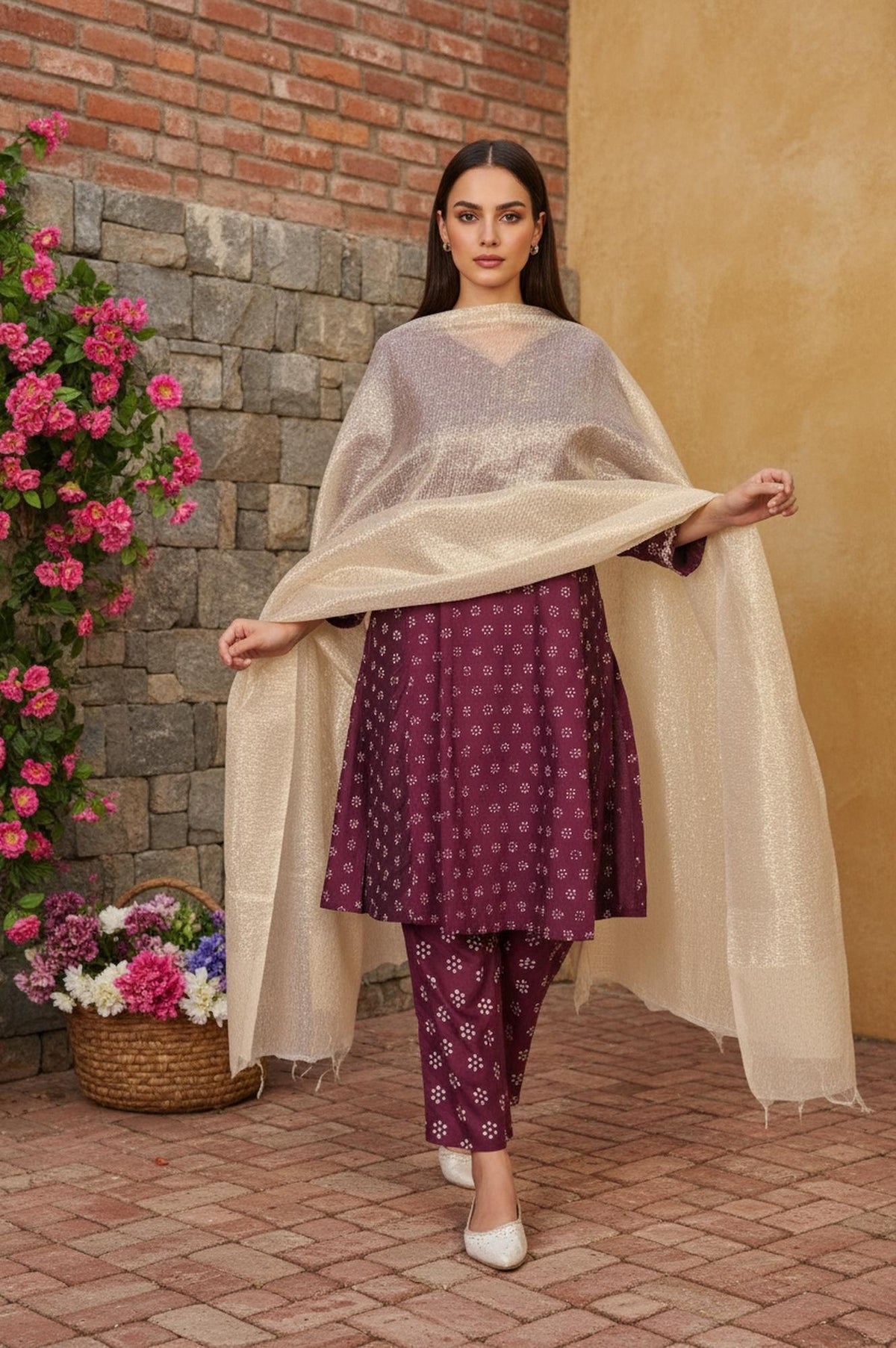 Gold Self-design Solid Zari Work Tissue Dupatta - FS