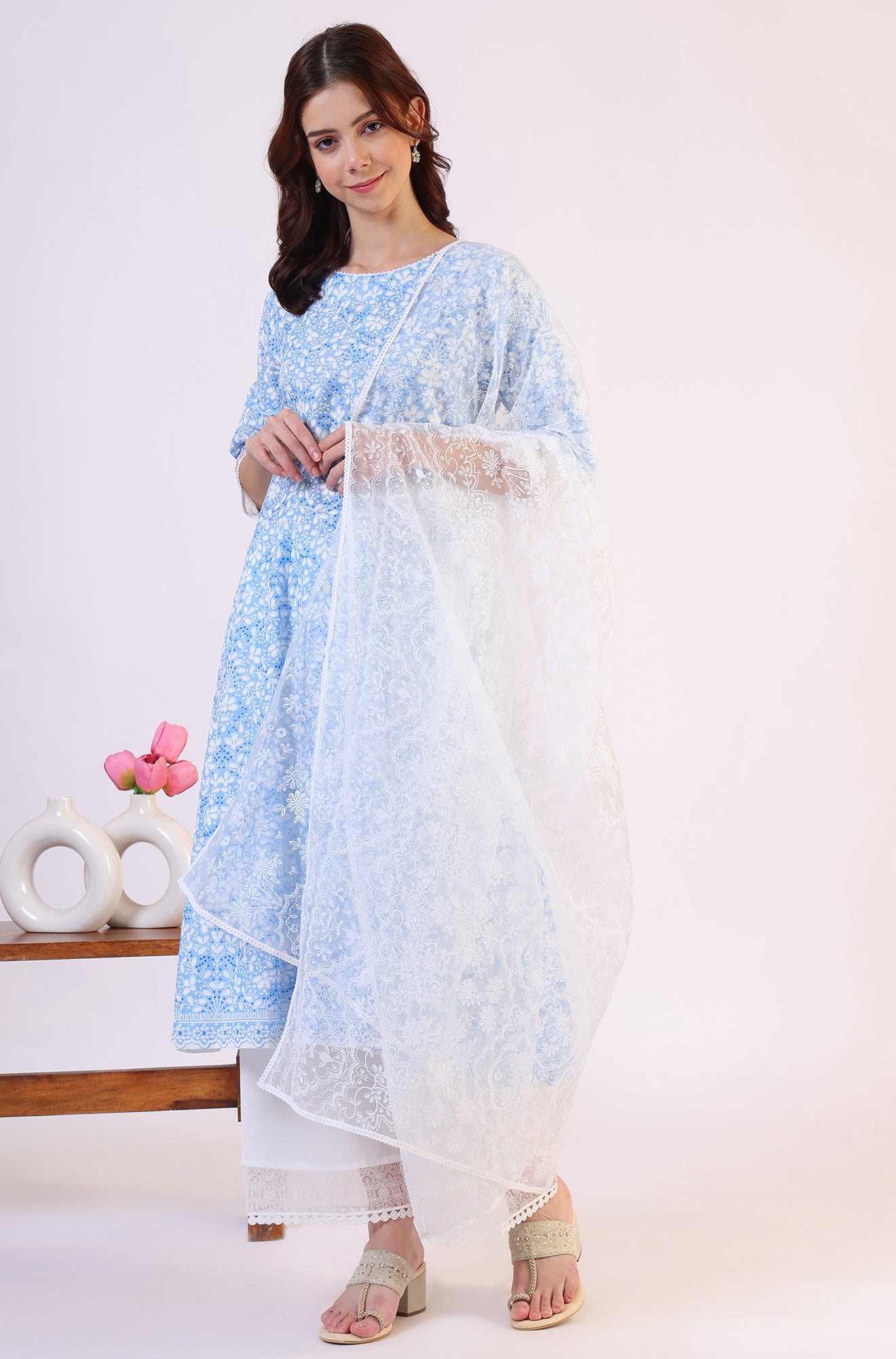 White Printed Brasso Dupatta