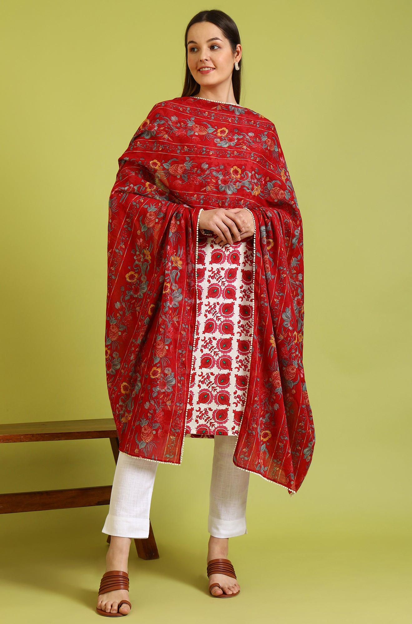 Red Floral Printed Pure Cotton Dupatta