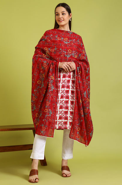 Red Floral Printed Pure Cotton Dupatta