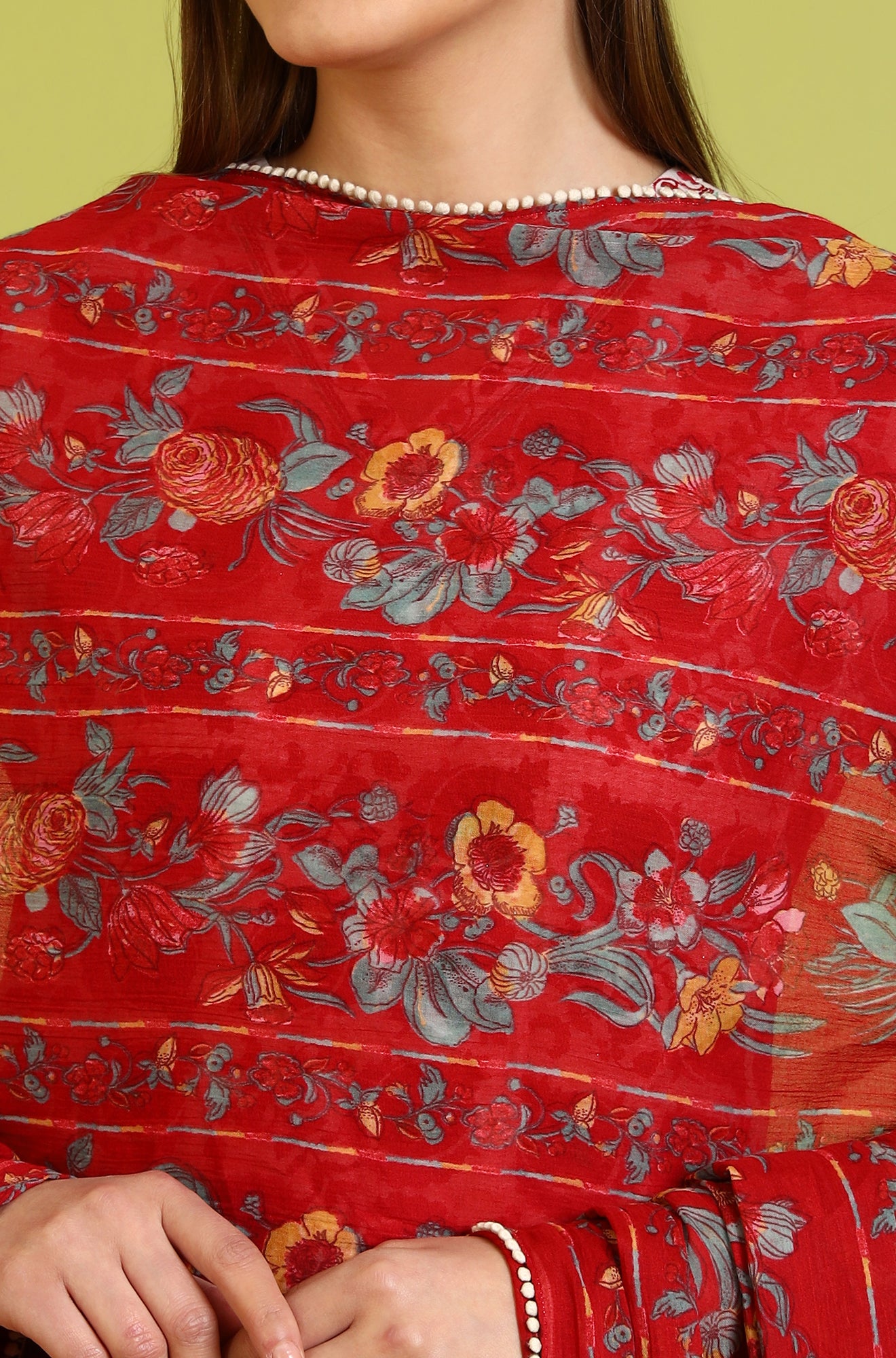 Red Floral Printed Pure Cotton Dupatta