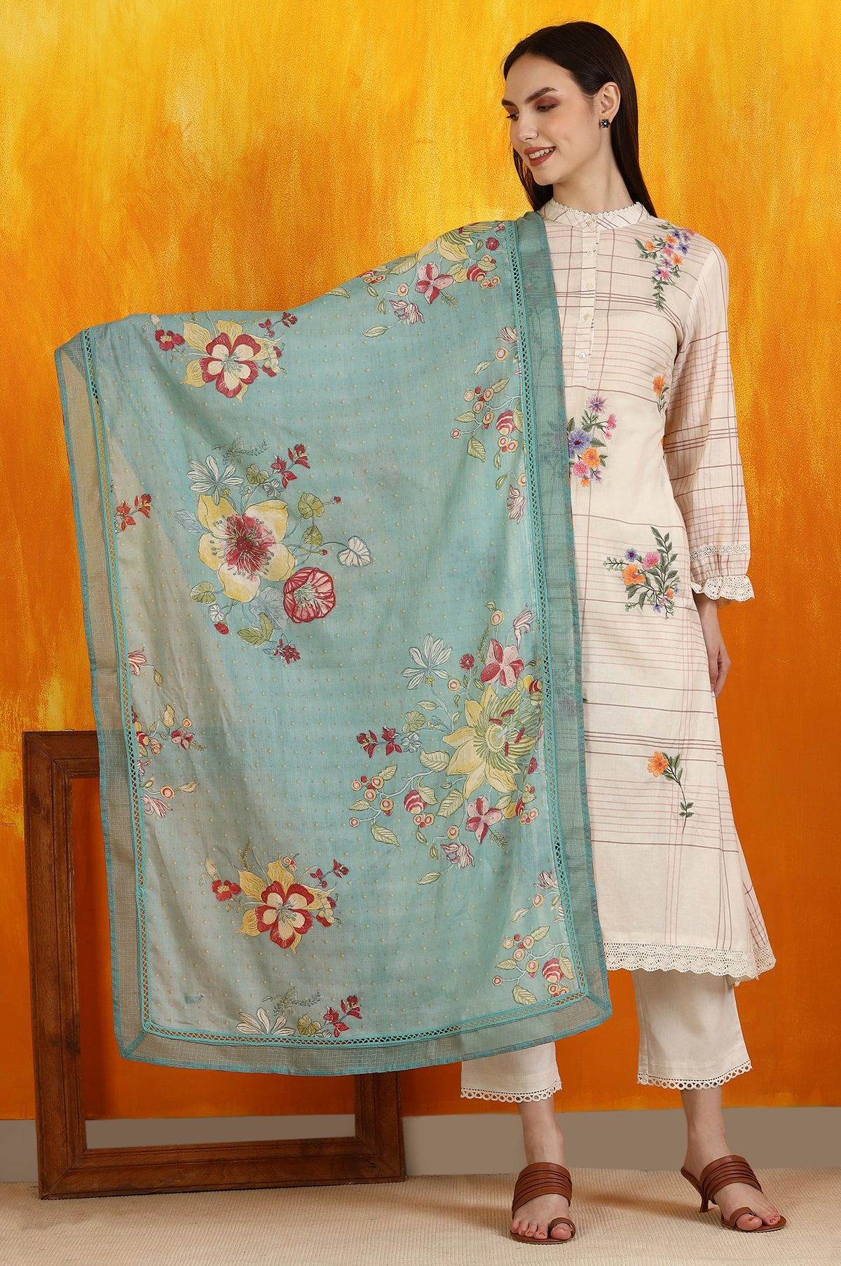 Reef Blue Floral Printed Pure Cotton Dupatta - Free Size