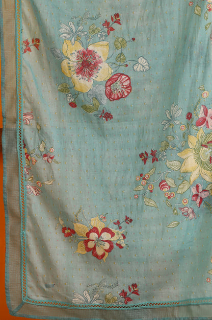 Reef Blue Floral Printed Pure Cotton Dupatta