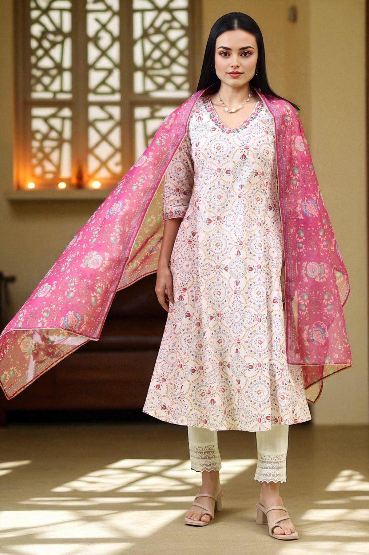 Fuchsia Pink Chintz Floral Printed Organza Dupatta - Free Size