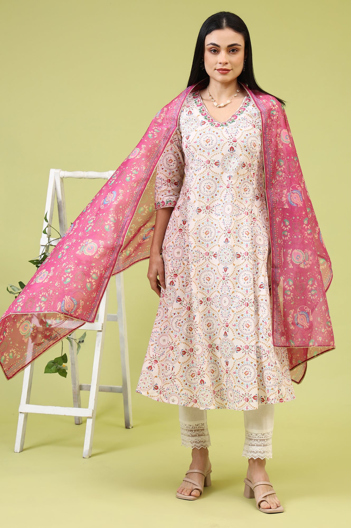 Fuchsia Pink Chintz Floral Printed Organza Dupatta