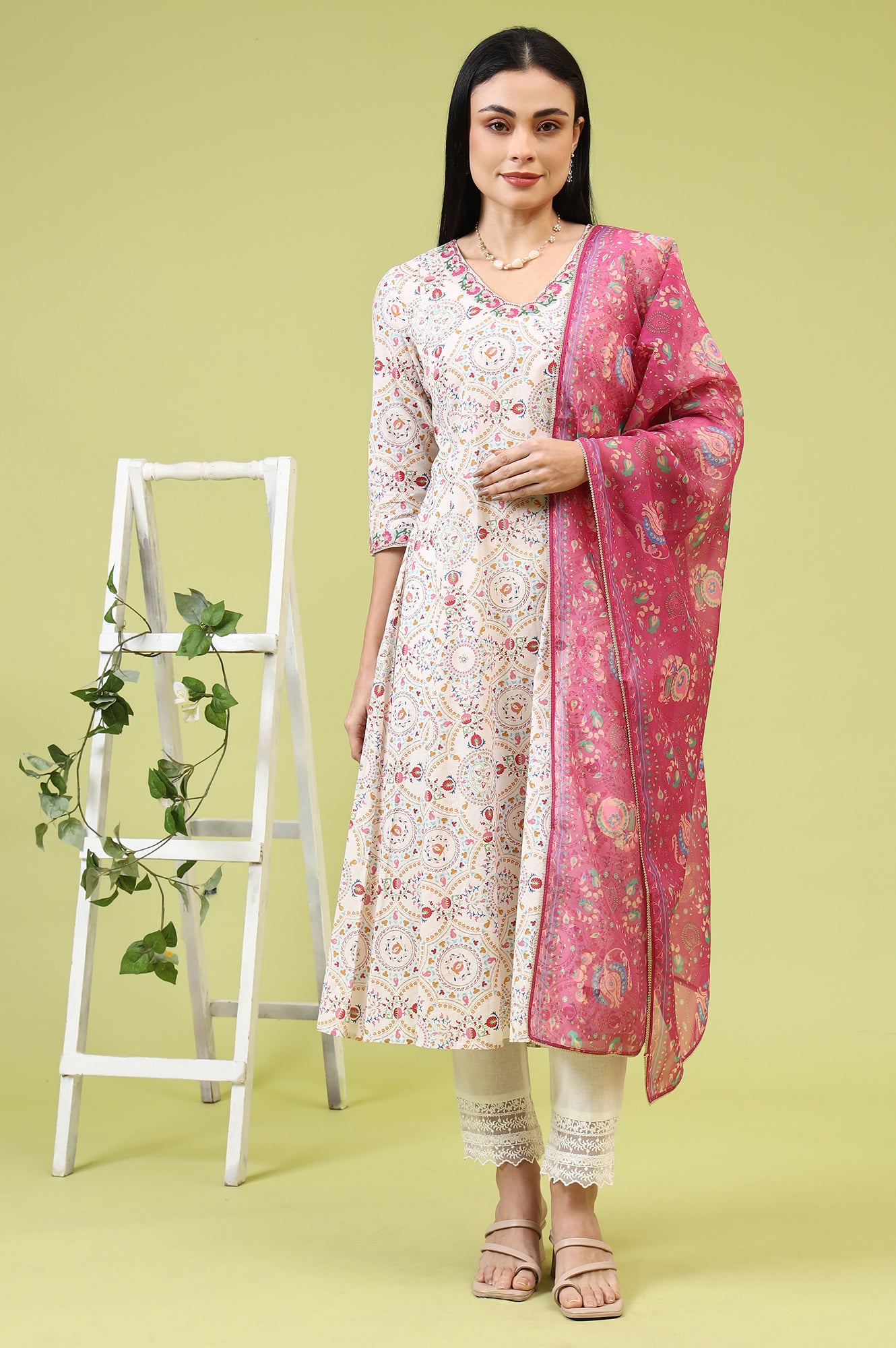 Fuchsia Pink Chintz Floral Printed Organza Dupatta