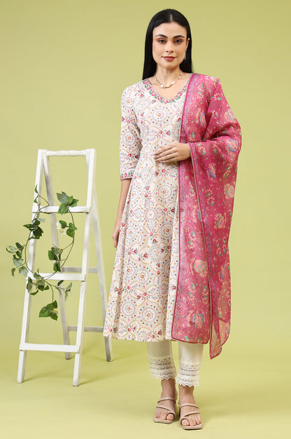 Fuchsia Pink Chintz Floral Printed Organza Dupatta