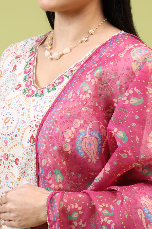 Fuchsia Pink Chintz Floral Printed Organza Dupatta