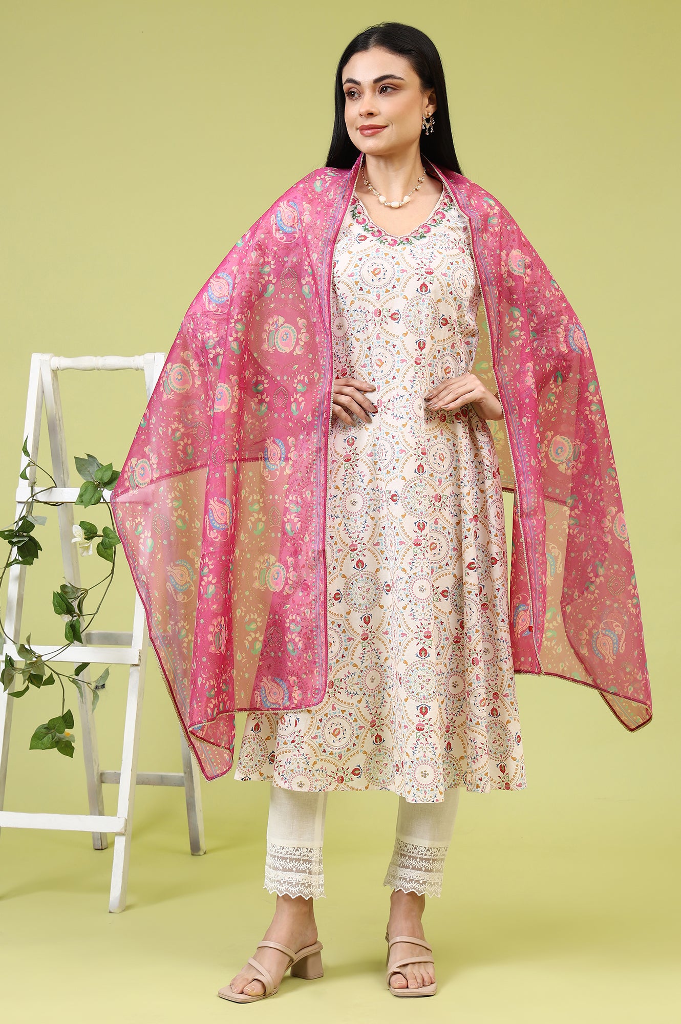 Fuchsia Pink Chintz Floral Printed Organza Dupatta