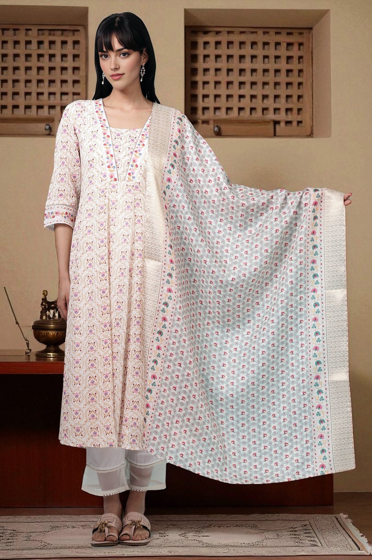 Ivory Printed Jacquard Silk Dobby Dupatta - Free Size