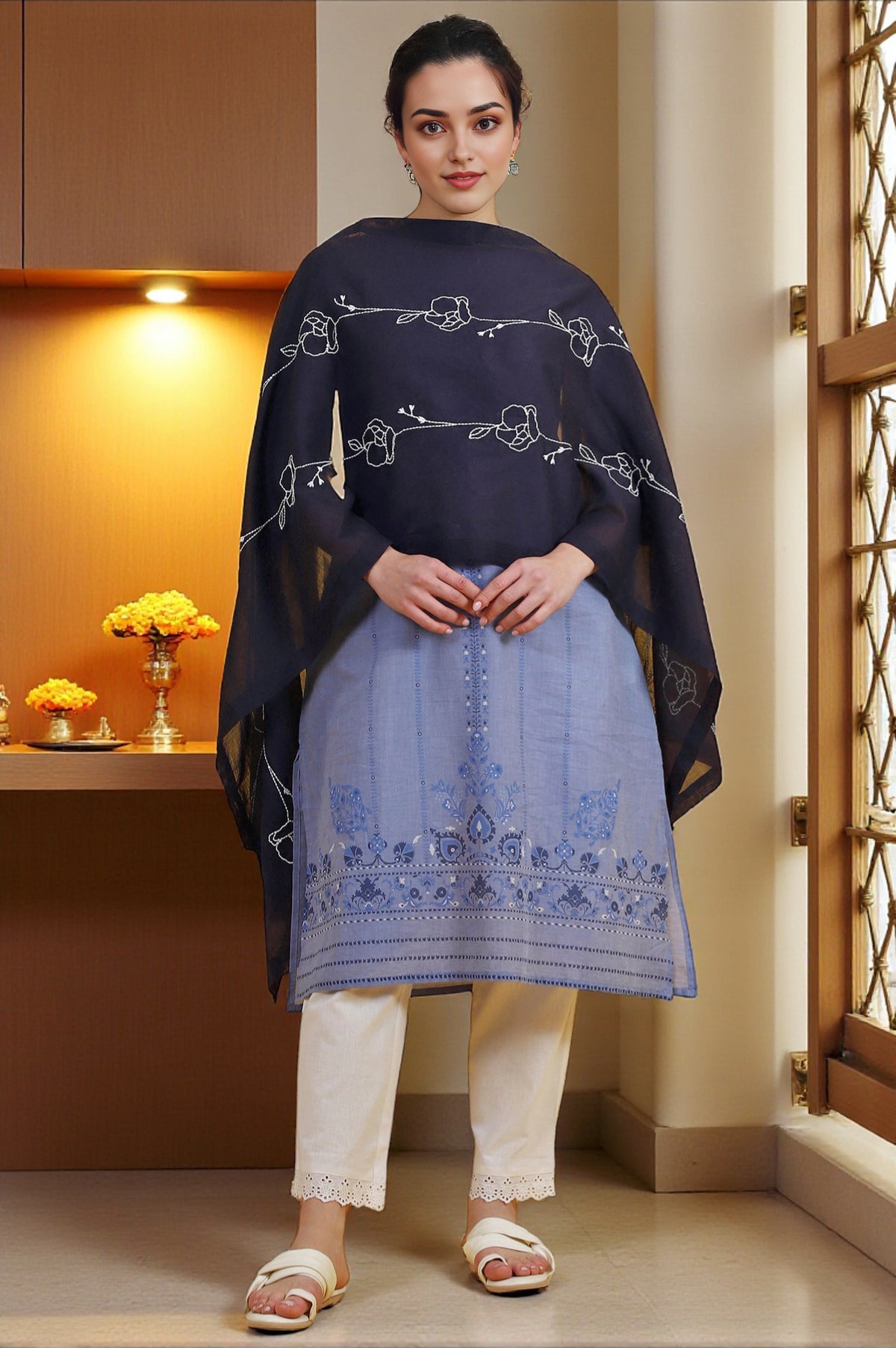 Black Thread Embroidered Cotton Voile Dupatta - Free Size