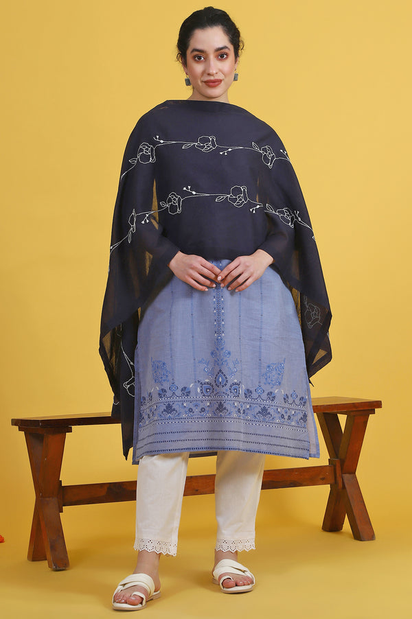 Black Thread Embroidered Cotton Voile Dupatta