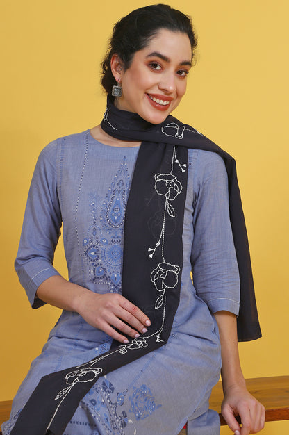 Black Thread Embroidered Cotton Voile Dupatta