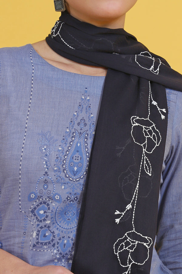 Black Thread Embroidered Cotton Voile Dupatta