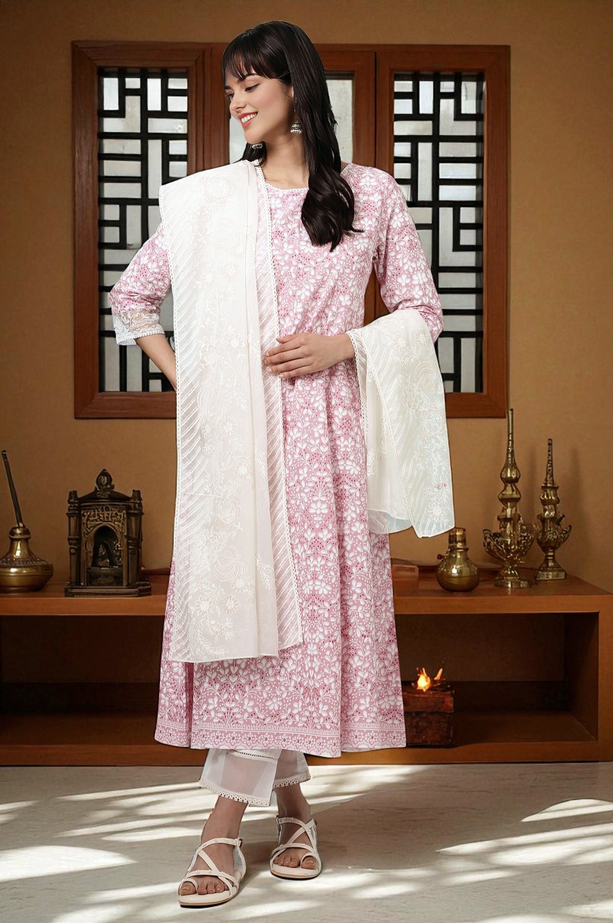 White Floral Printed Organza Dupatta - Free Size