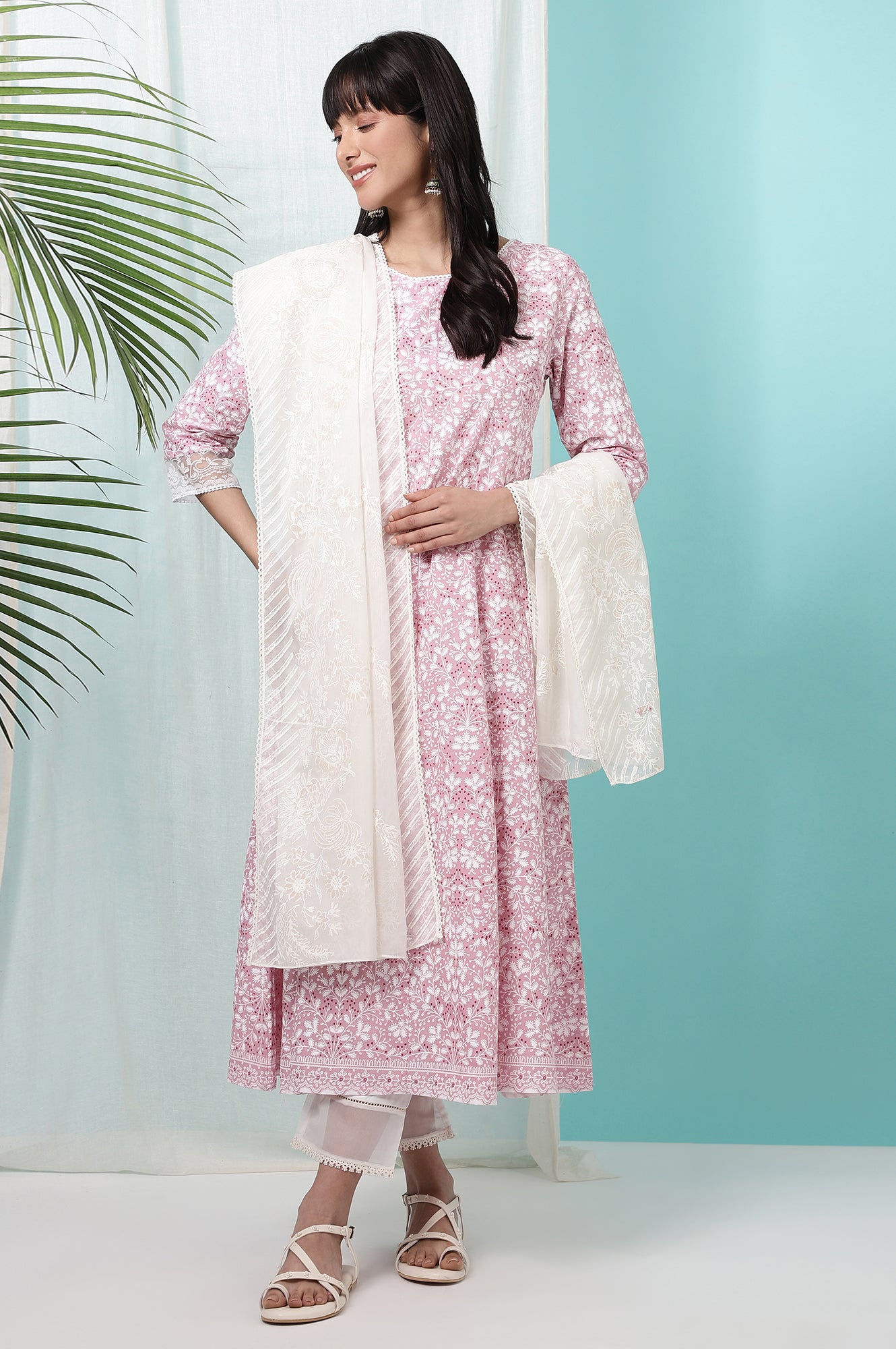 White Floral Printed Organza Dupatta