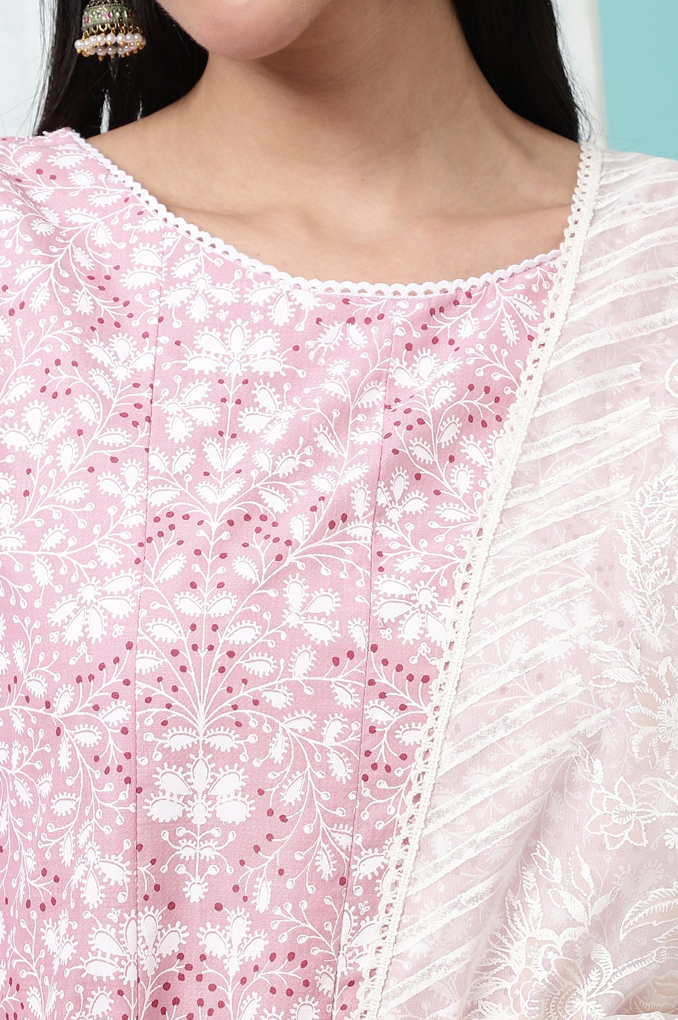 White Floral Printed Organza Dupatta