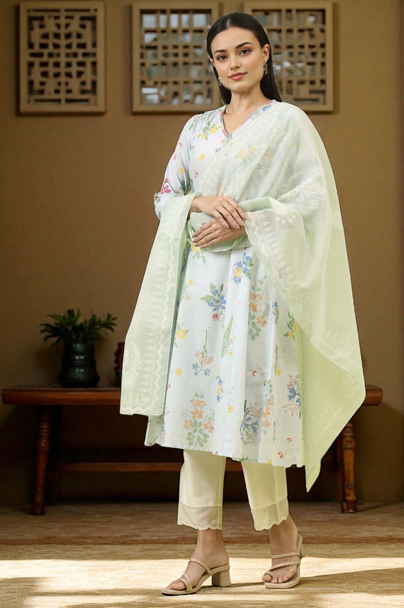 Mint Blue Floral Printed Kota Dupatta