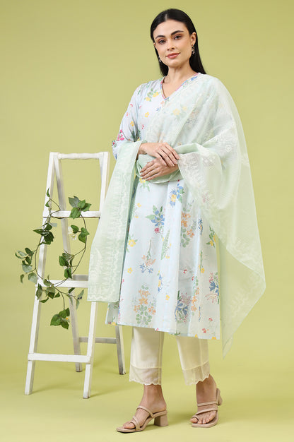 Mint Blue Floral Printed Kota Dupatta