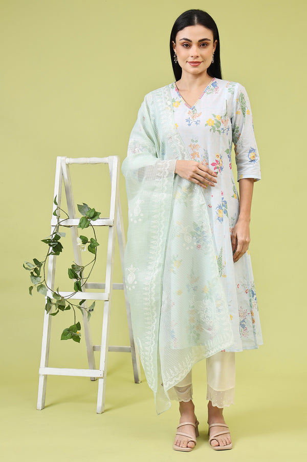 Mint Blue Floral Printed Kota Dupatta