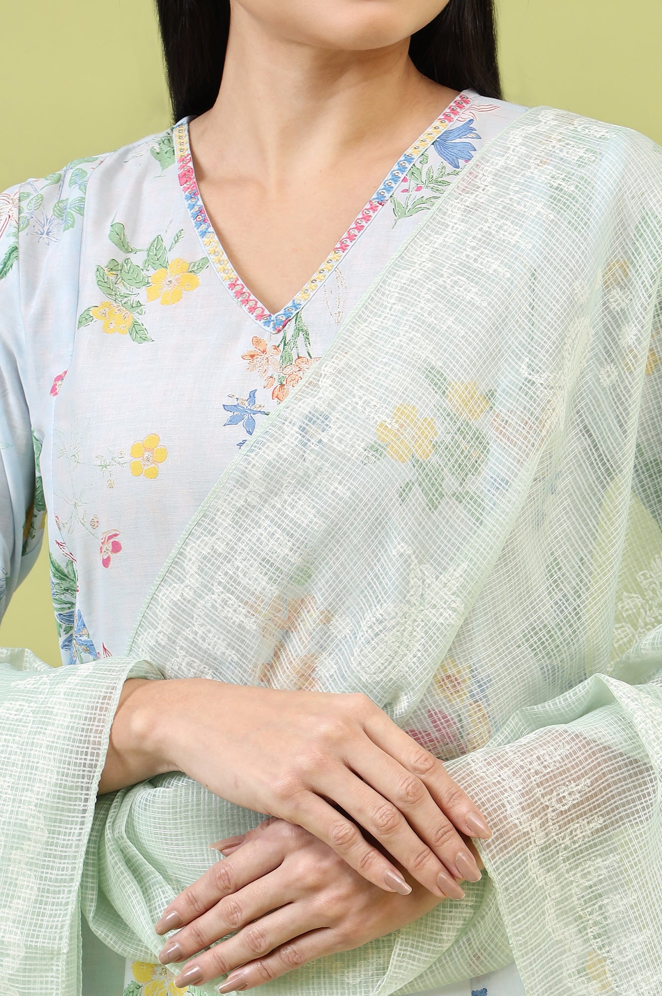 Mint Blue Floral Printed Kota Dupatta