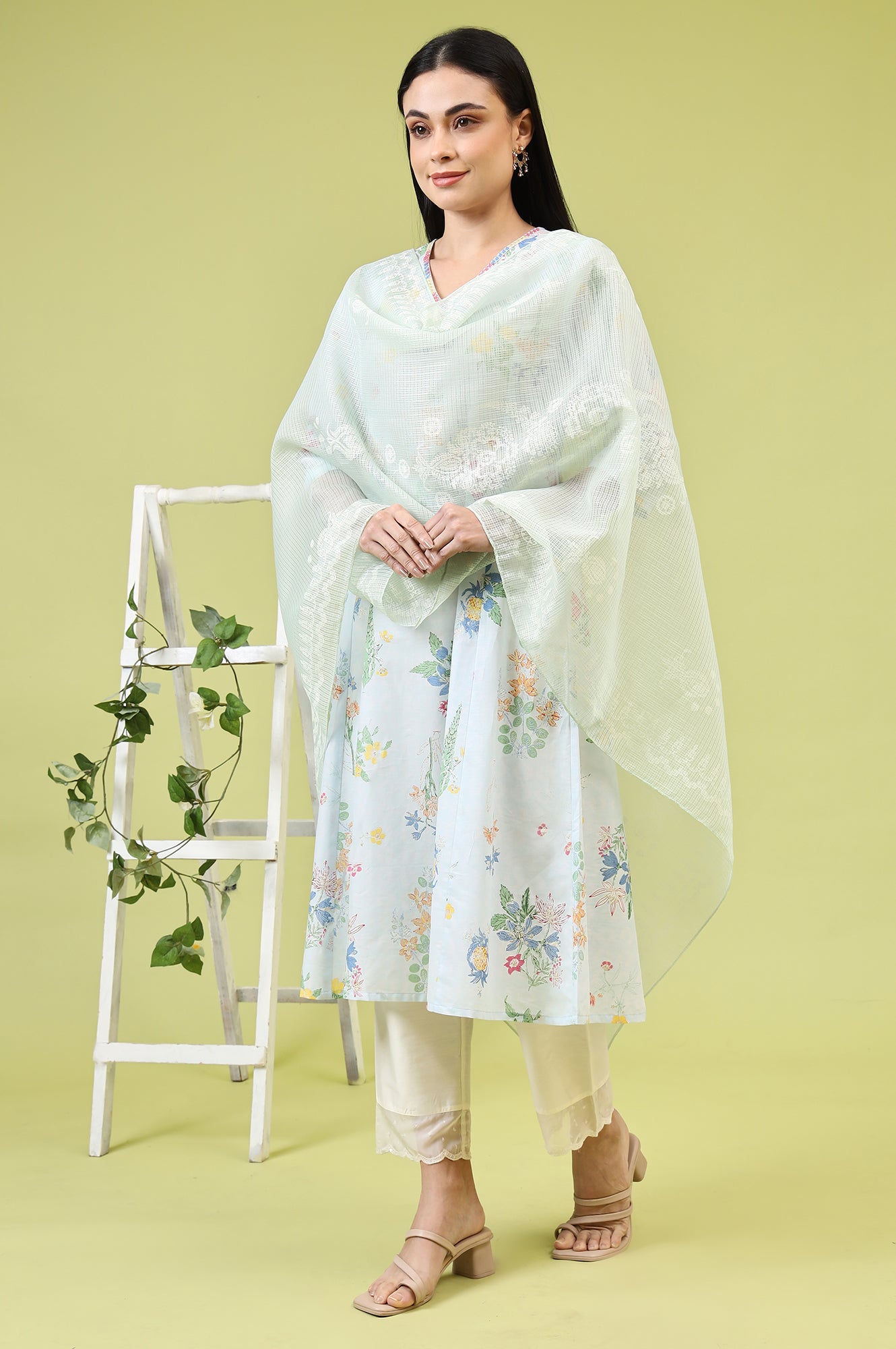 Mint Blue Floral Printed Kota Dupatta