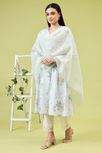 Mint Blue Floral Printed Kota Dupatta