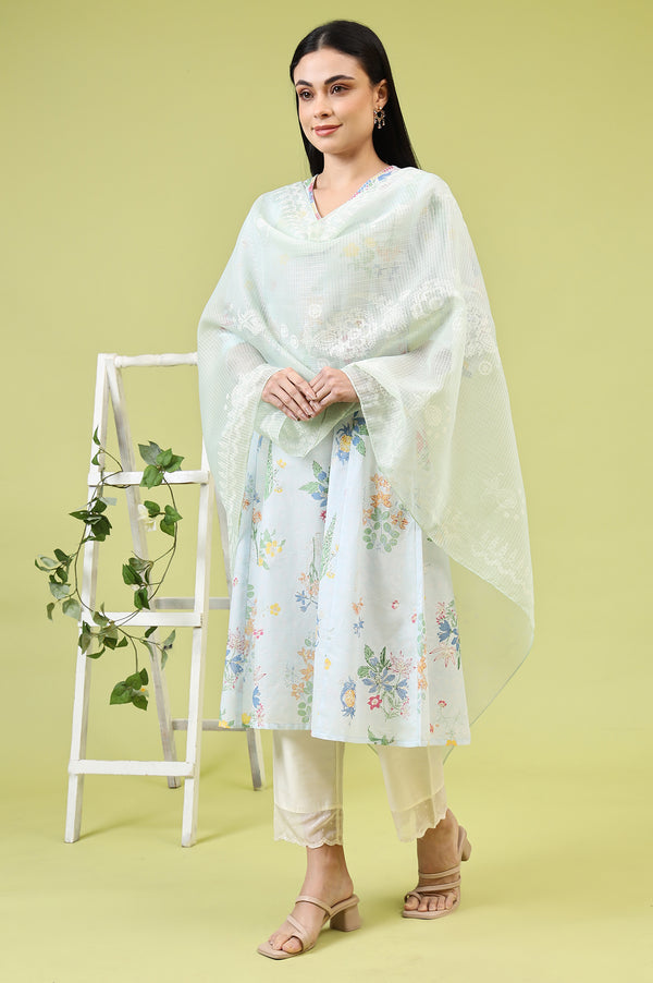 Mint Blue Floral Printed Kota Dupatta