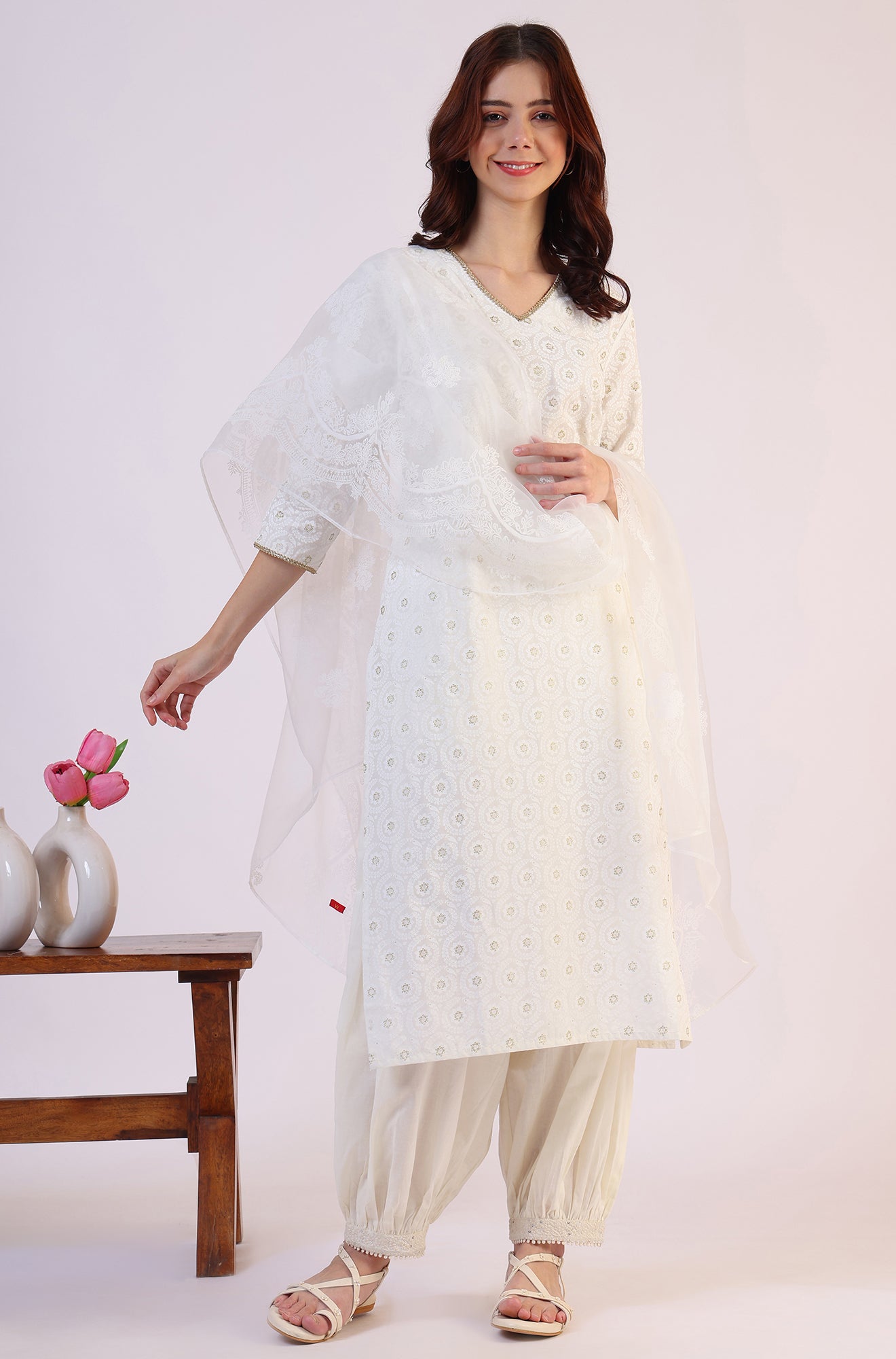 White Floral Printed Polyester Dupatta