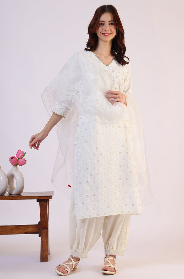 White Floral Printed Polyester Dupatta