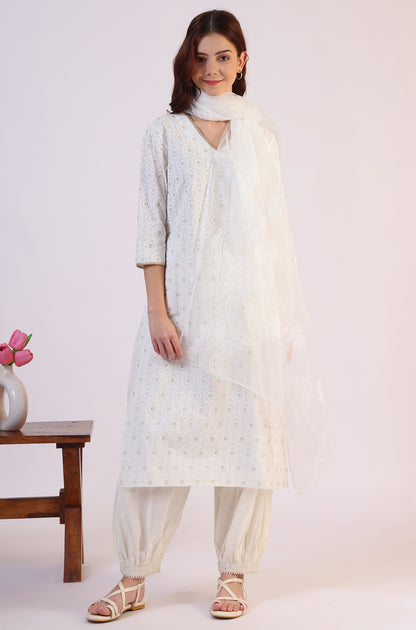 White Floral Printed Polyester Dupatta