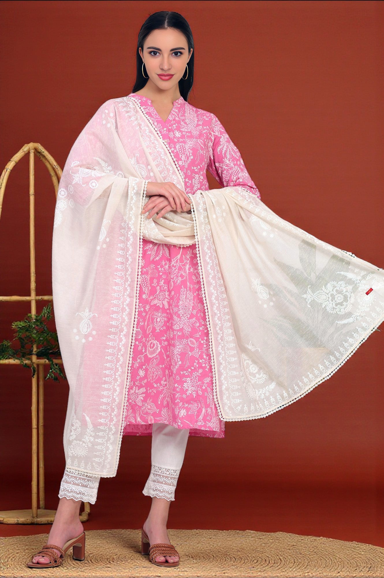 Ecru Printed Lace Embellished Woven Dupatta