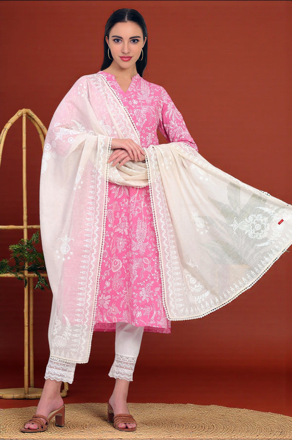 Ecru Printed Lace Embellished Woven Dupatta